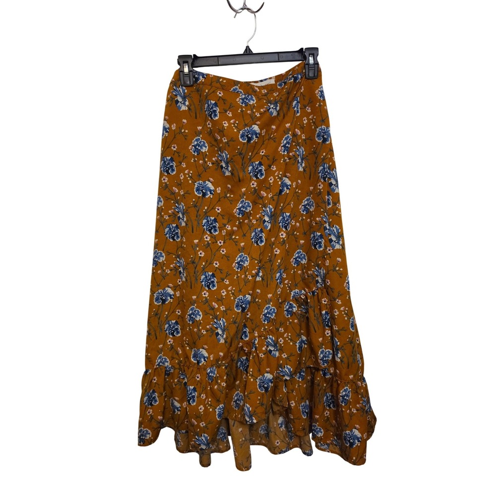 Kiss & Cry XL Floral Wrap Skirt Rust Blue Boho Ruffle Hem Midi Maxi Cottagecore‎